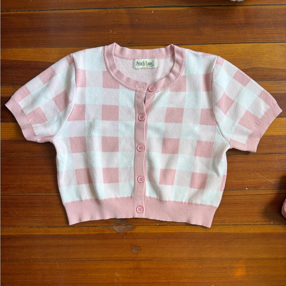 Peach Love California Kids Pink and White Checkered Button Down